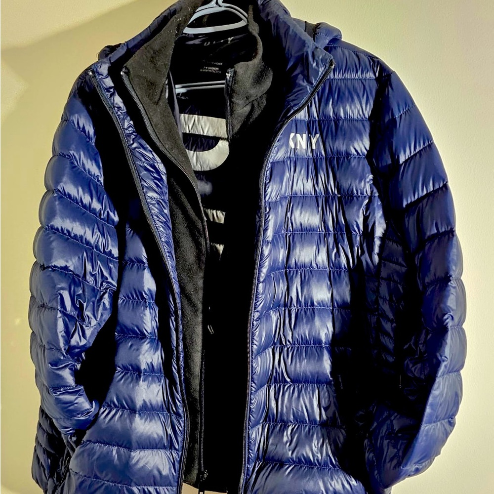 Stylish DKNY winter jacket - deep navy blue with hoodie